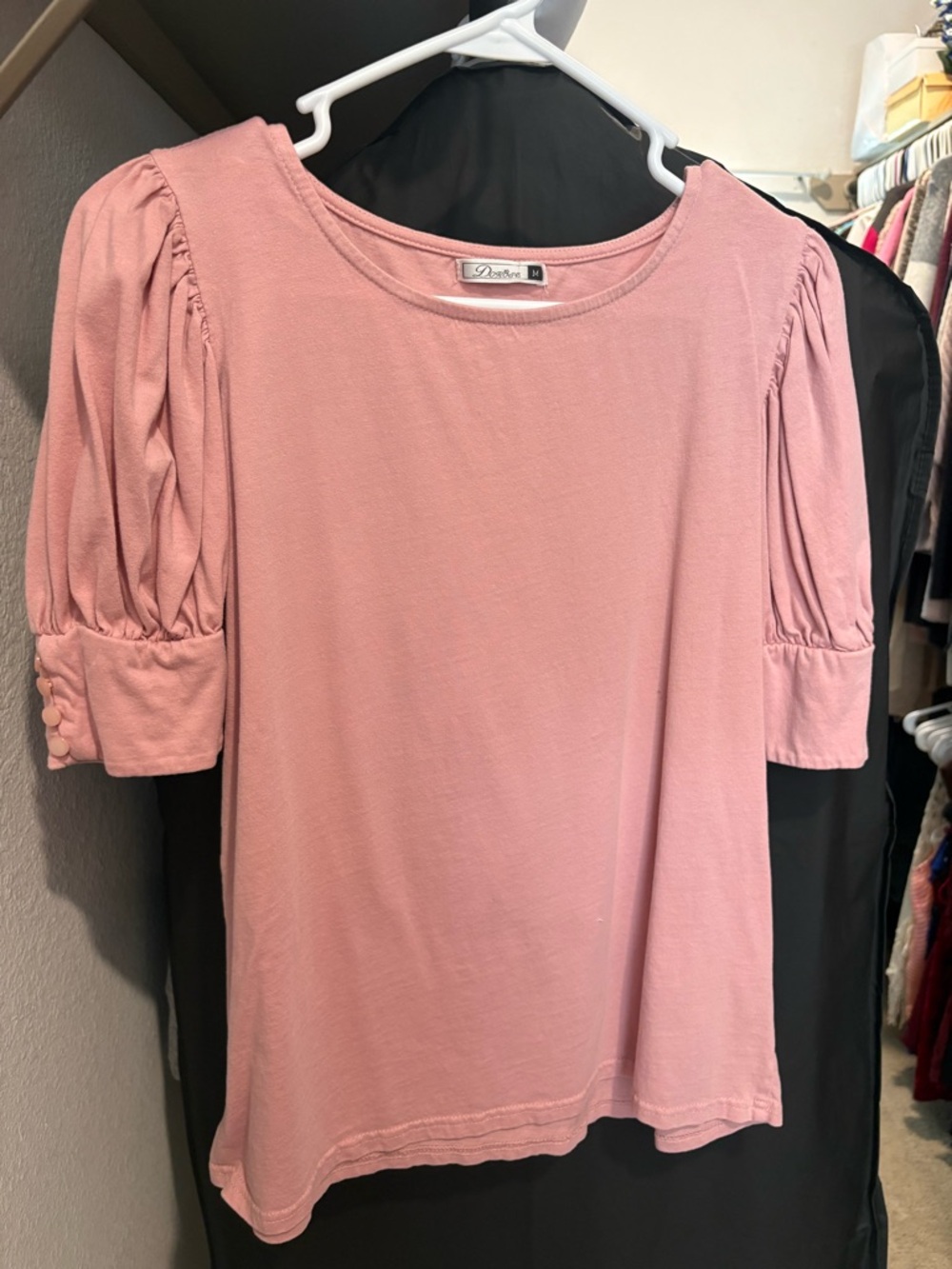 Dusty Pink Puff Sleeve Tee With Buttons- Women's Short Sleeve Top